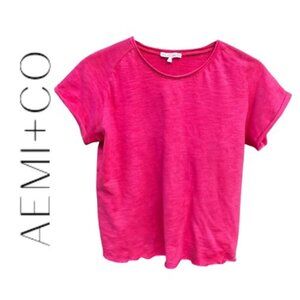AEMI + CO Hot Pink 100% Cotton Slub Raw Hem Tee Shirt - Women Size Large